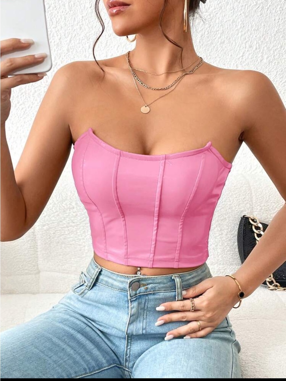 Women’s Pink Strapless Leather Corset Crop Top